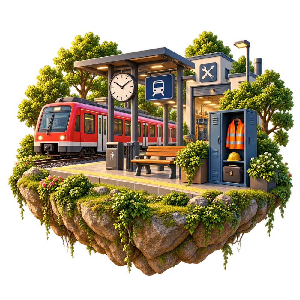 A floating railway station with a red train